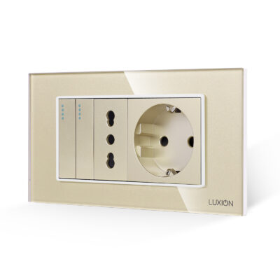 Intrerupator Dublu + Priza Ingusta + Priza Schuko cu Rama din Sticla LUXION, Standard Italian, 4M culoare aurie