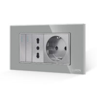 Intrerupator Dublu + Priza Ingusta + Priza Schuko cu Rama din Sticla LUXION, Standard Italian, 4M culoare gri