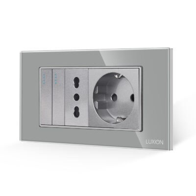 Intrerupator Dublu + Priza Ingusta + Priza Schuko cu Rama din Sticla LUXION, Standard Italian, 4M culoare gri