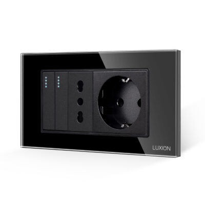 Intrerupator Dublu + Priza Ingusta + Priza Schuko cu Rama din Sticla LUXION, Standard Italian, 4M culoare neagra