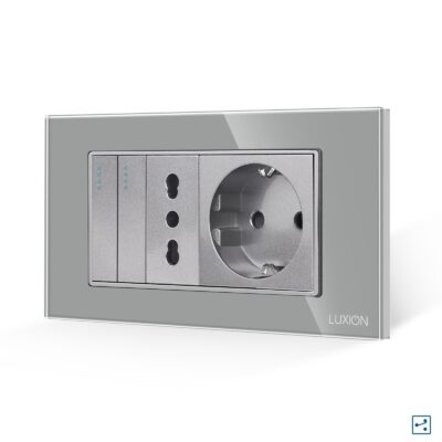 Intrerupator Dublu Cap Scara + Priza Ingusta + Priza Schuko cu Rama din Sticla LUXION, Standard Italian, 4M culoare gri