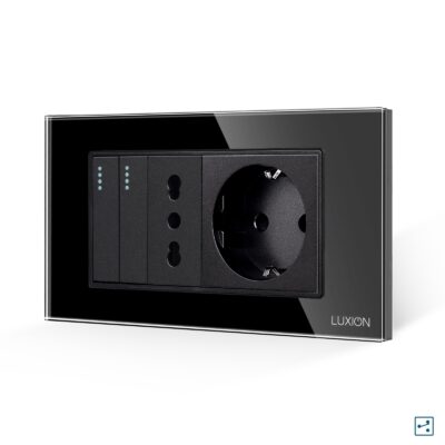 Intrerupator Dublu Cap Scara + Priza Ingusta + Priza Schuko cu Rama din Sticla LUXION, Standard Italian, 4M culoare neagra