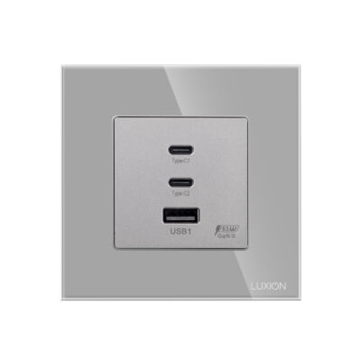 Priza Fast Charge 65W – USB-A + 2 x USB-C cu Rama din Sticla LUXION culoare gri